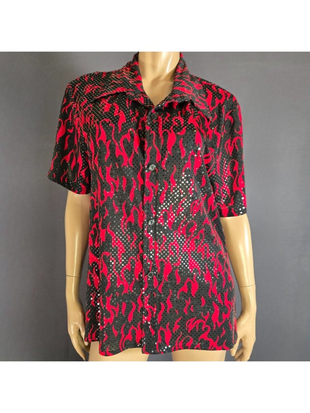 Vintage 90s Mens Disco Shirt Red Black Flames Sequin Short Sleeve Size S